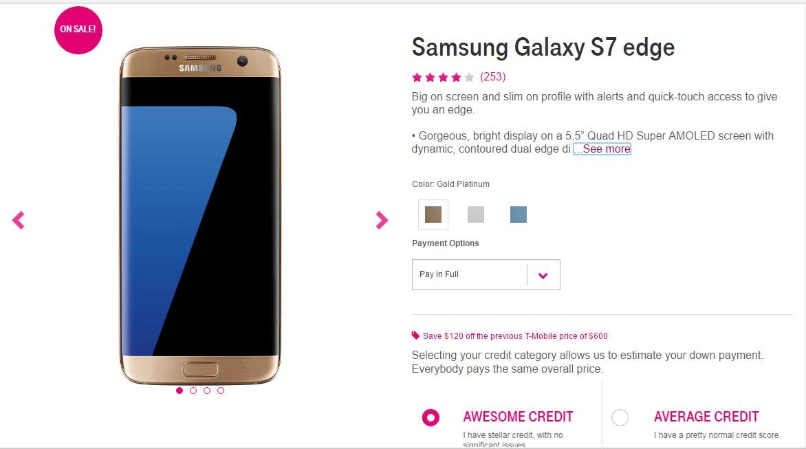 T-Mobile Galaxy S7 Edge está disponible por $480 (con un descuento de $120)