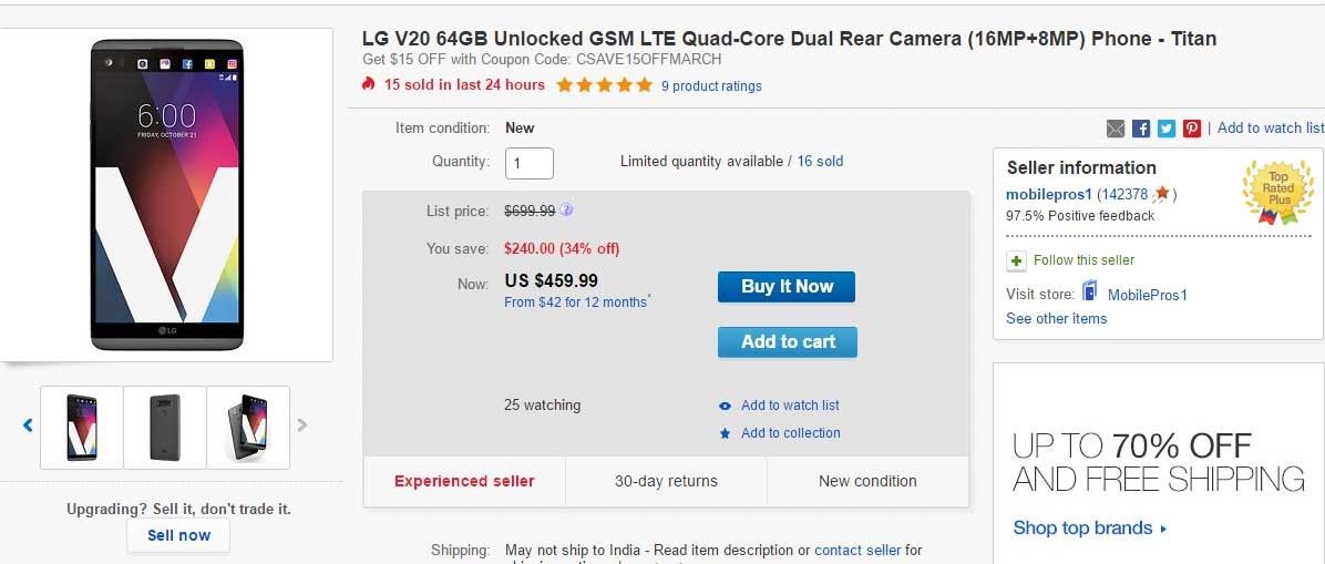T-Mobile LG V20 disponible por $460 en eBay, $240 de descuento sobre el precio normal