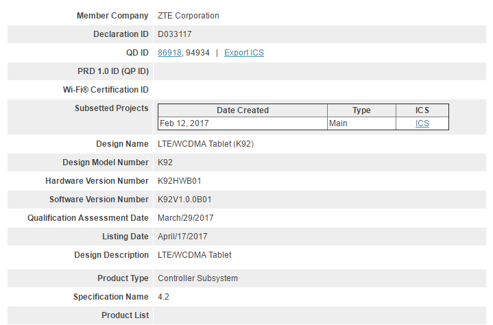 Tablet Android ZTE K92 certificada por Bluetooth SIG