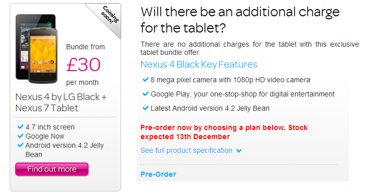 TalkTalk tendrá un Nexus 4 para usted en el Reino Unido el 13 de diciembre