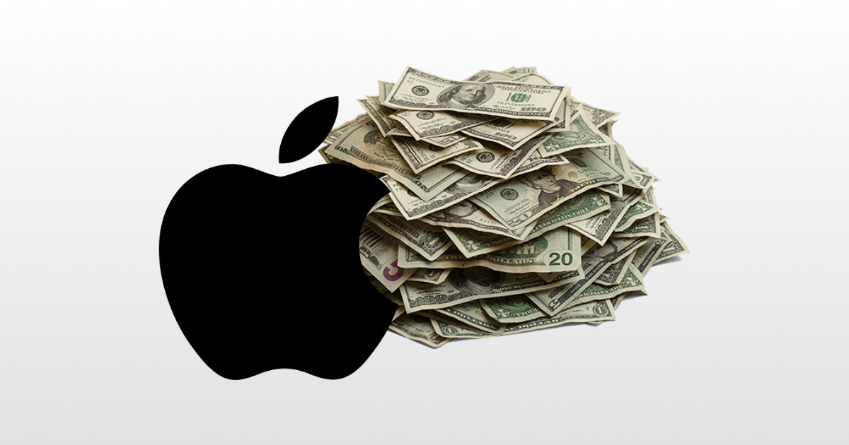 Apple logo with a pile of cash