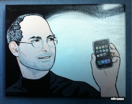 Image of Steve Jobs holding an iPhone, by Nitrozac of Joy of Tech