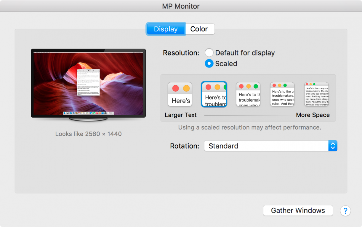 macOS muestra el panel de preferencias con resolución Retina Scaled que se muestra en un monitor 4k