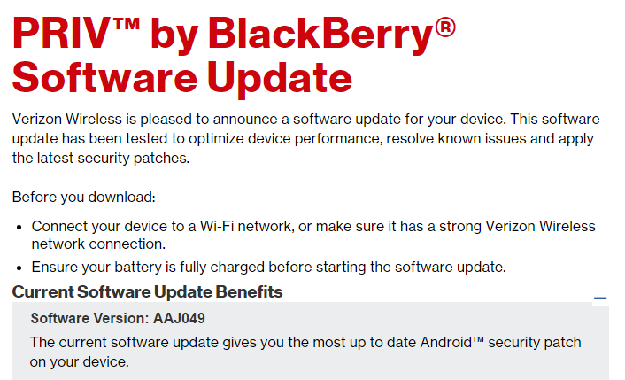 Verizon BlackBerry Priv recibe la actualización de seguridad de enero, versión AAJ049