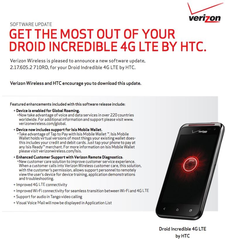 Verizon DROID Incredible 4G LTE Update trae roaming global al dispositivo