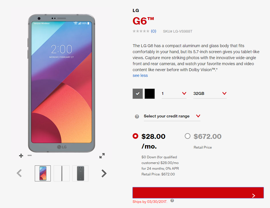 Verizon LG G6 se realiza en pre-pedido, para enviarse a fines de marzo
