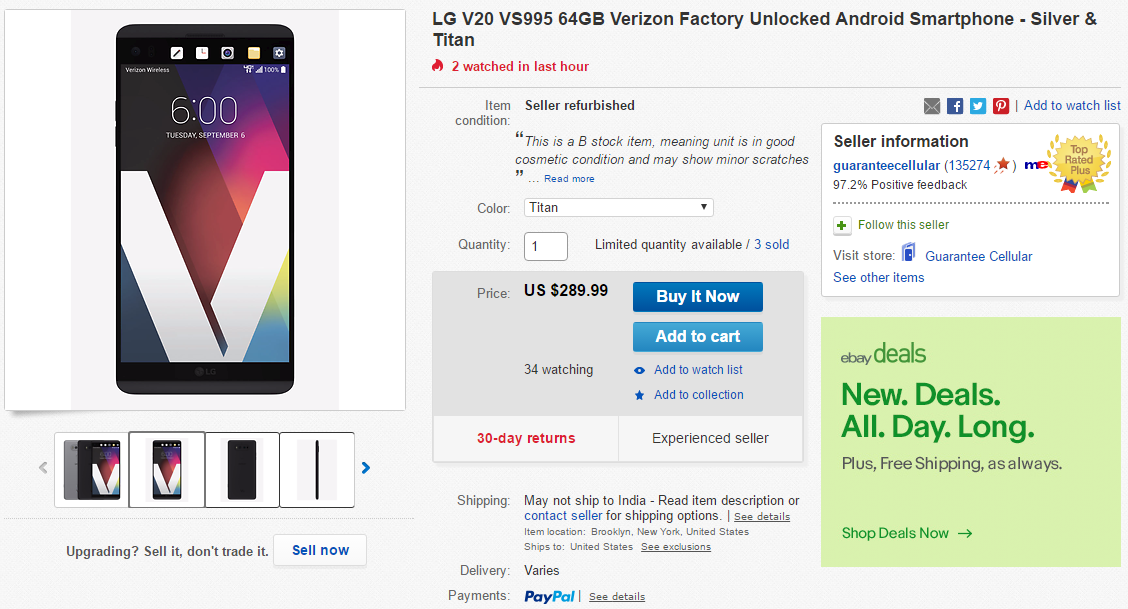 Verizon LG V20 64GB desbloqueado de fábrica (reacondicionado) por $ 290 en eBay