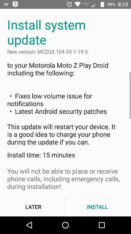 Verizon Moto Z Play Droid recibe una actualización menor con correcciones de errores y parche de seguridad de enero, compilación mc024.104-35-1-19-3