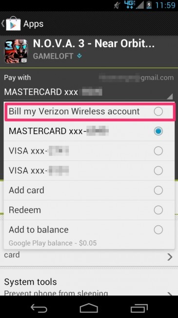 Verizon ahora es compatible con las compras de Google Play, le permite "facturar mi cuenta de Verizon Wireless" en las opciones de pago