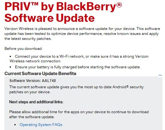 Verizon impulsa la actualización de seguridad de junio para BlackBerry PRIV con la compilación AAL748