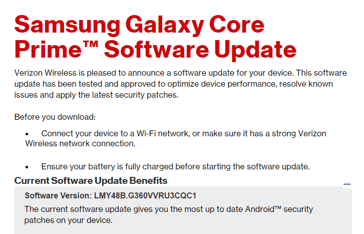 Verizon lanza la actualización de seguridad de marzo para Galaxy Core Prime, compilación G360VVRU3CQC1