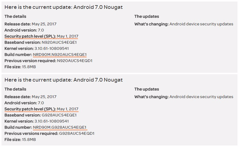 Versiones de actualización de AT&T Galaxy S6, S6 Edge, S6 Edge+ y Note 5 con el parche de seguridad de mayo, compilación QE1