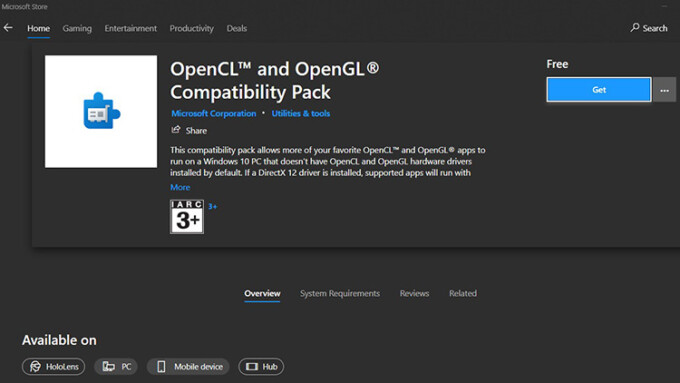 Windows 10 Obtenga paquetes de soporte especiales para aplicaciones OpenCL y OpenGL