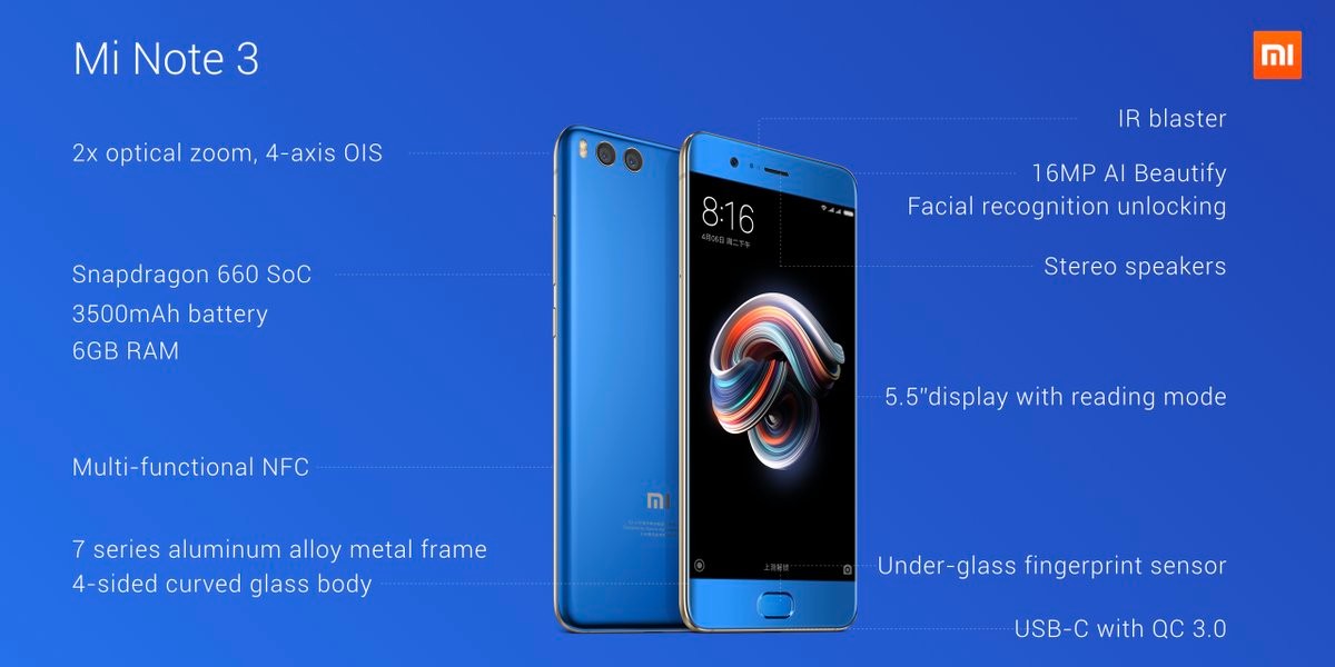 Xiaomi Mi Note 3 lanzado con pantalla de 5,5 pulgadas, Snapdragon 660 SoC y doble cámara trasera