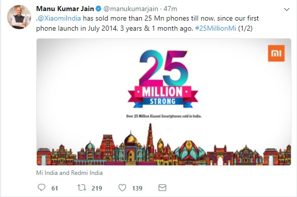 Xiaomi vendió 25 millones de teléfonos inteligentes en India en los últimos 3 años