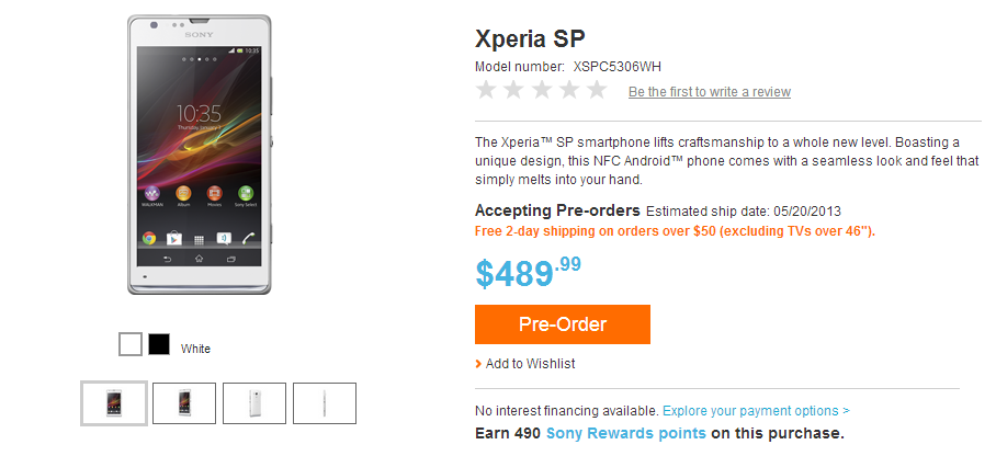 Xperia SP desbloqueado para pre-pedido en los EE. UU. en la tienda en línea de Sony