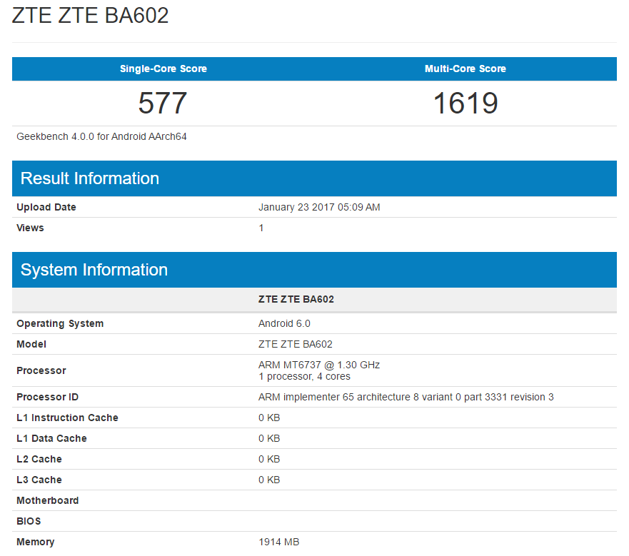ZTE BA602 está a punto de lanzarse, también llega a Geekbench