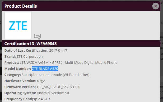 ZTE Blade A520 se lanzará pronto, la página de soporte está activa y certificada en Bluetooth SIG