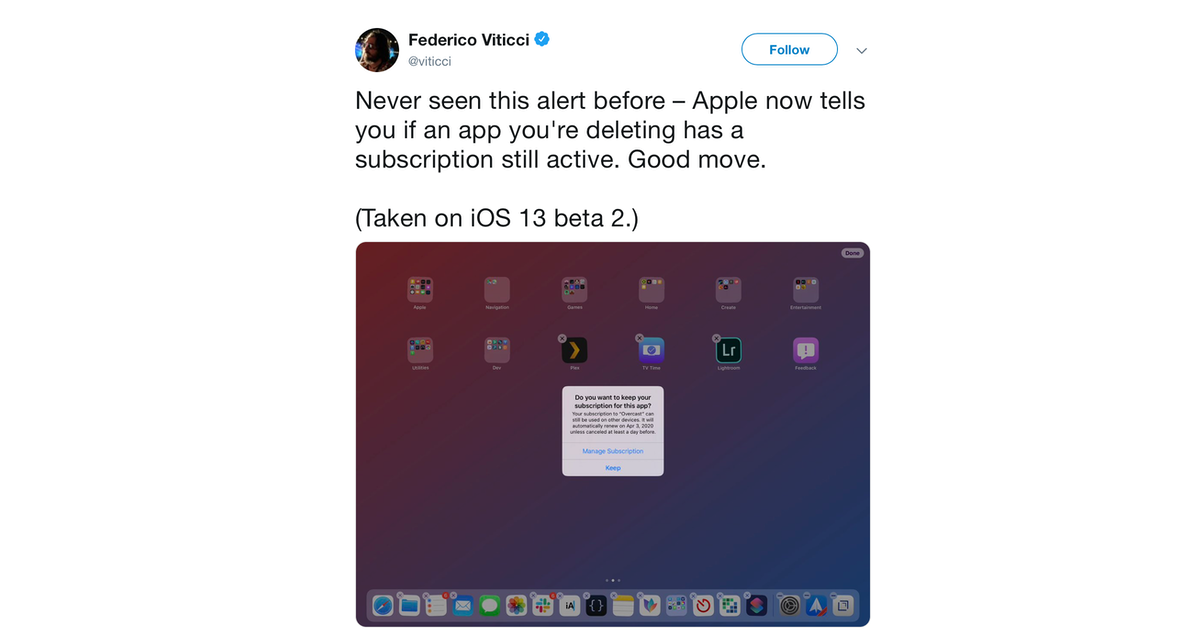 iOS 13 le advertirá cuando elimine una aplicación con una suscripción activa