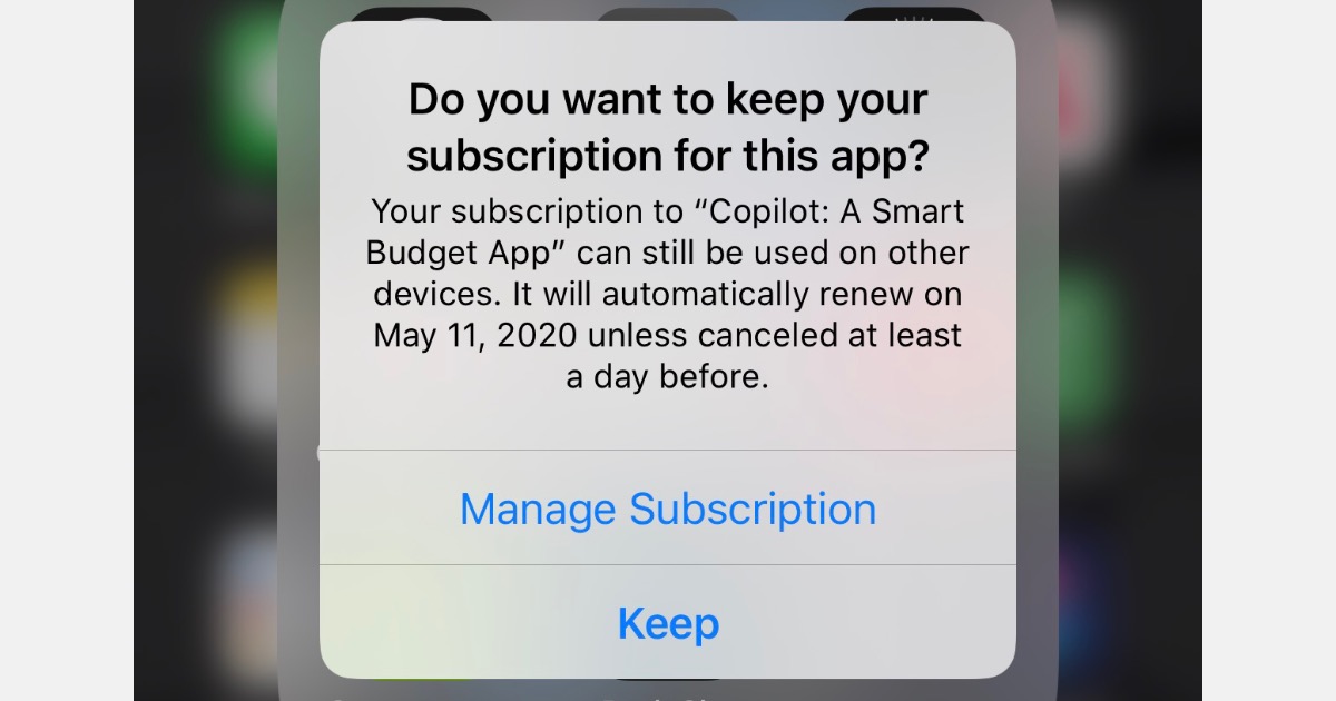 Cancelar el mensaje del sistema de suscripciones de aplicaciones de iPhone