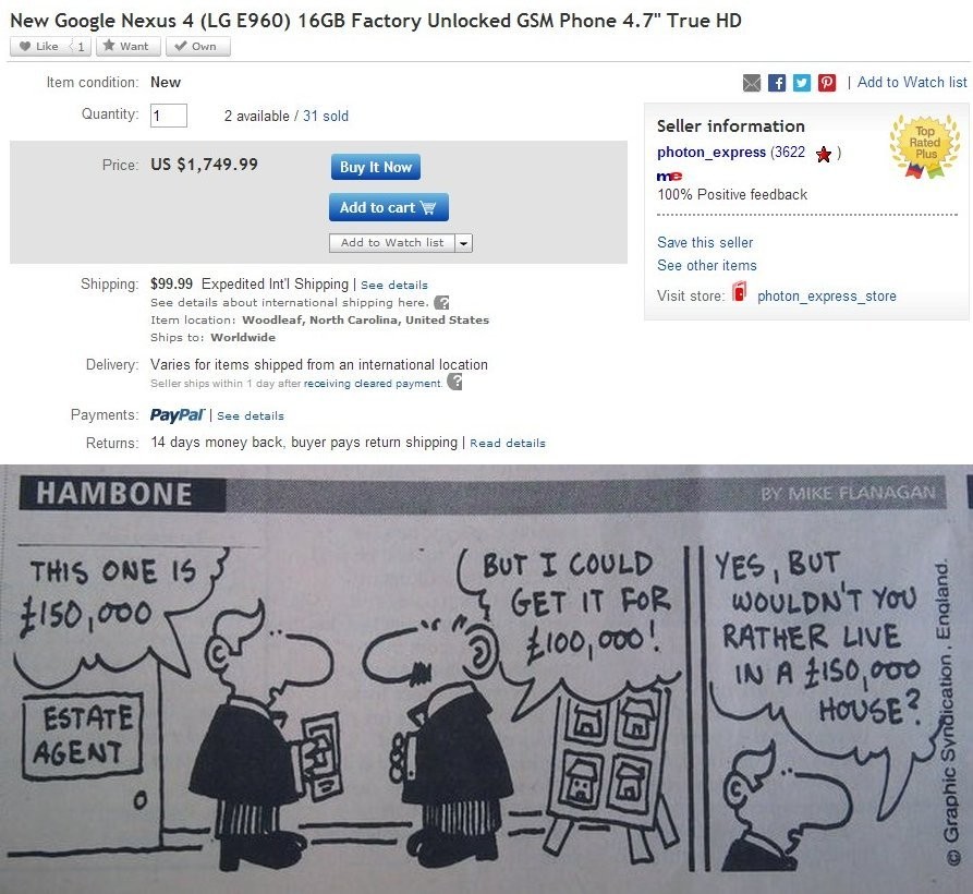 ¡El precio del Nexus 4 se dispara a $1749 en eBay!