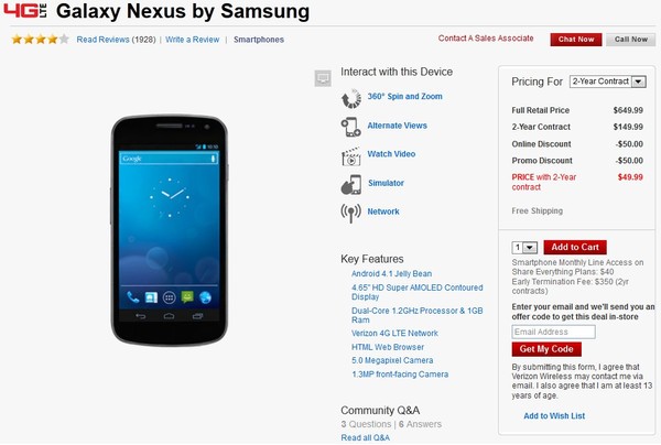 ¡El precio del Verizon Galaxy Nexus baja a $50 con contrato!