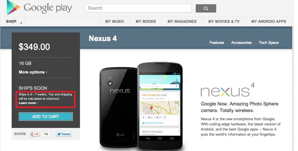 ¡Los nuevos pedidos de Google Play para el Nexus 4 tardarán al menos 6-7 semanas en enviarse!