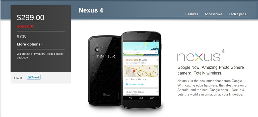 ¡Nexus 4 de 8 GB agotado de nuevo en Google Play!